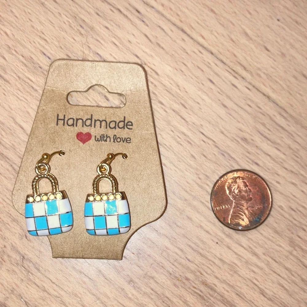 Dangling Purse Earrings Blue & Cream Checkered - NWT - Picture 2 of 2